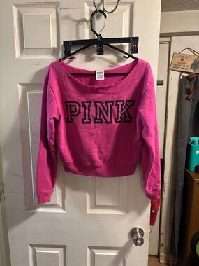 PINK Victoria's Secret Hot Pink Off-Shoulder Sweatshirt with Black Logo